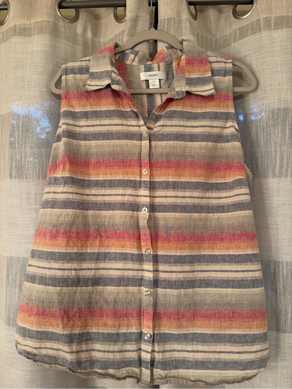 CJ Banks Sleeveless Button-Down Shirt in Cream, Blue & Coral Stripes